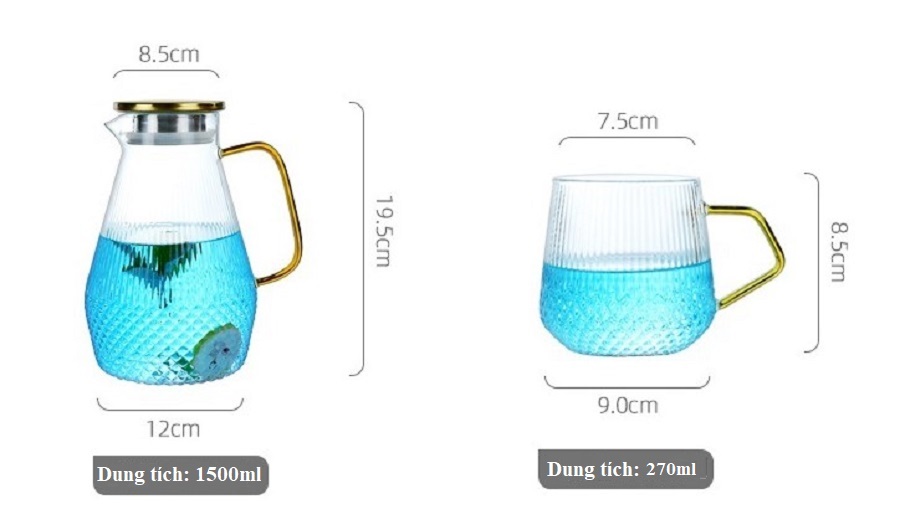 Bình thủy tinh chịu nhiệt nắp Inox quai viền vàng dung tích 1500ML và Ly 270ML( Phân loại Bình và ly riêng)
