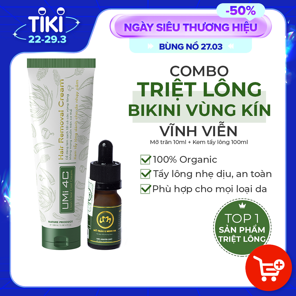 Combo tẩy triệt lông Bikini vĩnh viễn UMIHA tại nhà | Mỡ trăn triệt lông vĩnh viễn U Minh Hạ (30ml) &amp; Kem tẩy lông UMIHA (85g) an toàn cho da nhạy cảm