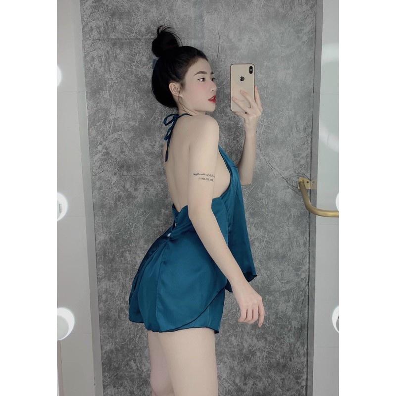 Đồ Bộ Ngủ Nữ lụa 2 Dây Thêu Hạc Sexy Quyến Rũ Vải Satin Cao Cấp Thoáng Mát, Sét Áo Kèm Quần Mặc Nhà Cổ Yếm G5