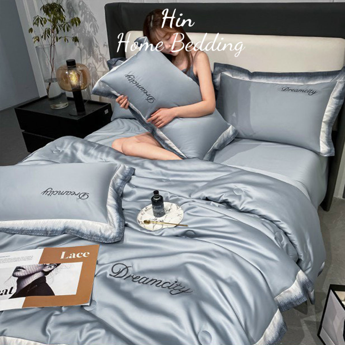 Bộ Chăn Ga Gối Đệm 5 Món Chăn Phao Lụa Thái Hin Home Bedding Mẫu Xanh Nhạt