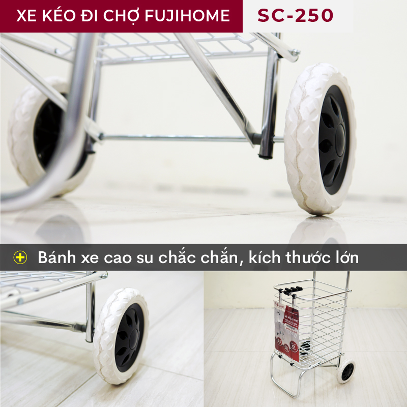 Xe kéo đi chợ leo cầu thang 8 bánh FUJIHOME Nhật Bản 60kg, xe đẩy hàng đi chợ gấp gọn có giỏ túi đa năng inox mini