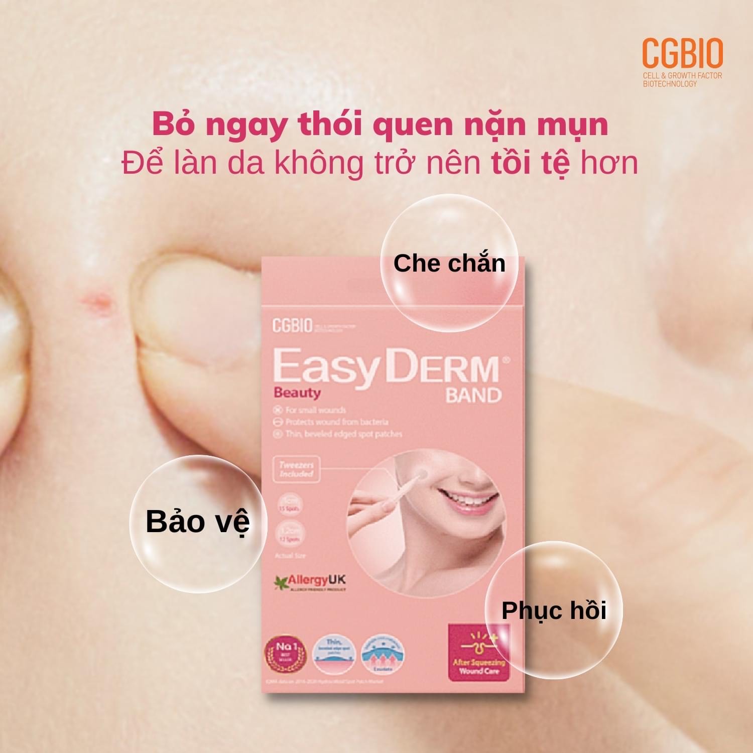 Miếng dán mụn giảm sưng viêm CGBIO EASYDERM BEAUTY - Tặng kèm nhíp gắp tiện dụng