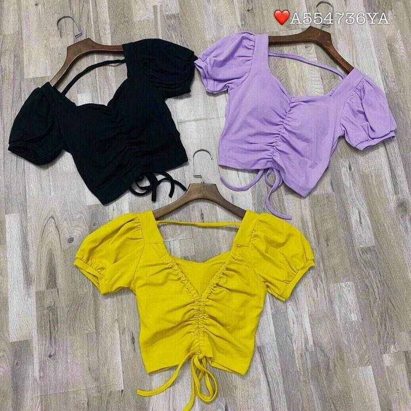 Áo nhún tay phồng hở lưng có mút ngực chats thun borip B8t