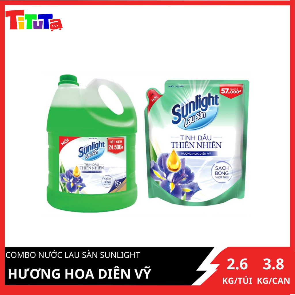 COMBO tiết kiệm nước lau sàn Sunlight Hương hoa diên vỹ Can 3.8kg và Túi đại 2.6kg
