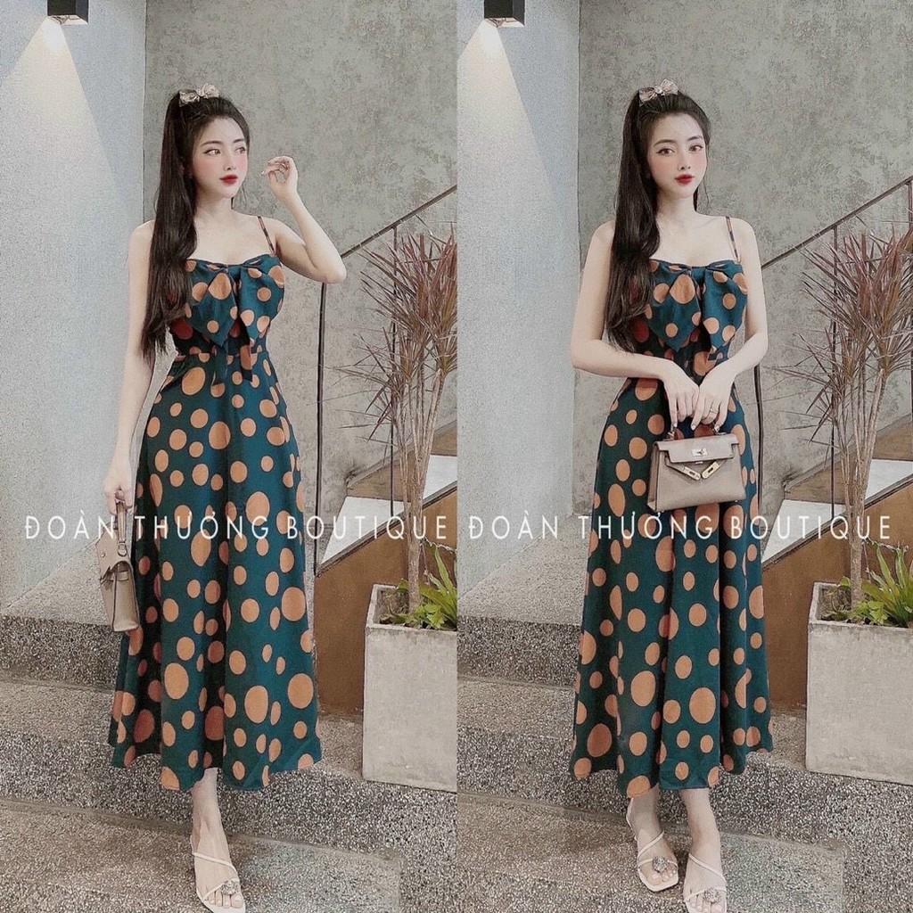 Đầm xoè 2 dây chấm bi kết nơ ngực có túi có mút ngực xinh lung linh kèm hình thật