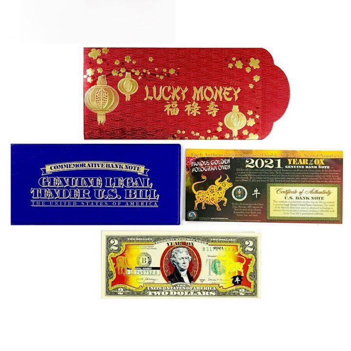 Tiền 2 USD Hình Con Trâu 2021 in hình chú Trâu Vàng Lucky Money bao da xanh