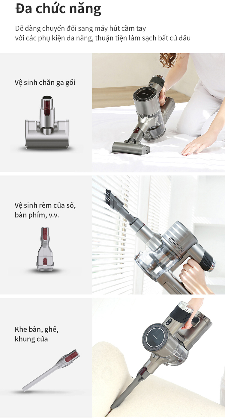 Máy hút bụi không dây Lock&amp;lock ENV356GRY đa năng cầm tay 3 trong 1 (lau sàn, hút bụi, hút bụi giường nệm), động cơ BLDC - Hàng chính hãng