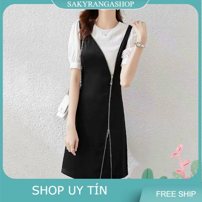 HÀNG NHẬP - ĐẦM SUÔNG PHỐI TRẮNG ĐEN KHÓA KÉO