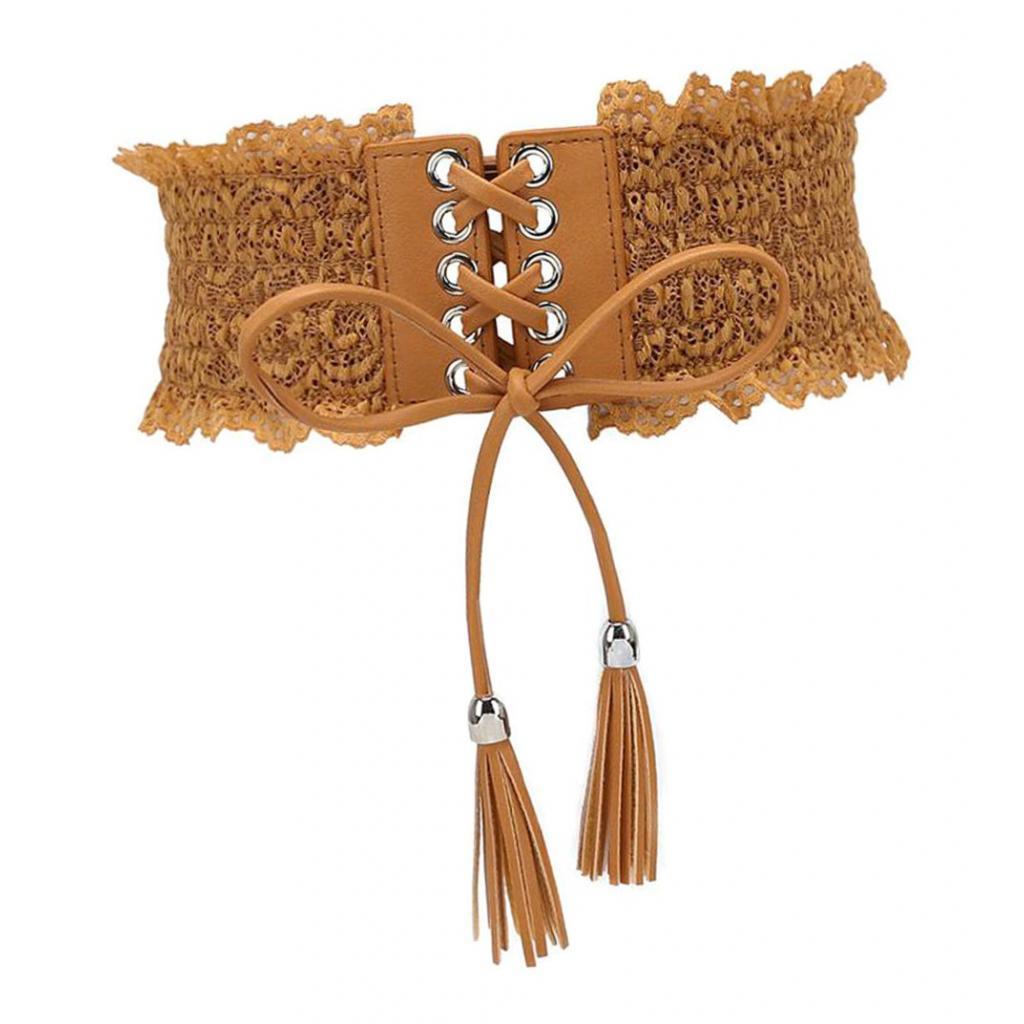 Womens Lace Leather Wide Waist Belt Elastic Band Corset Light Tan