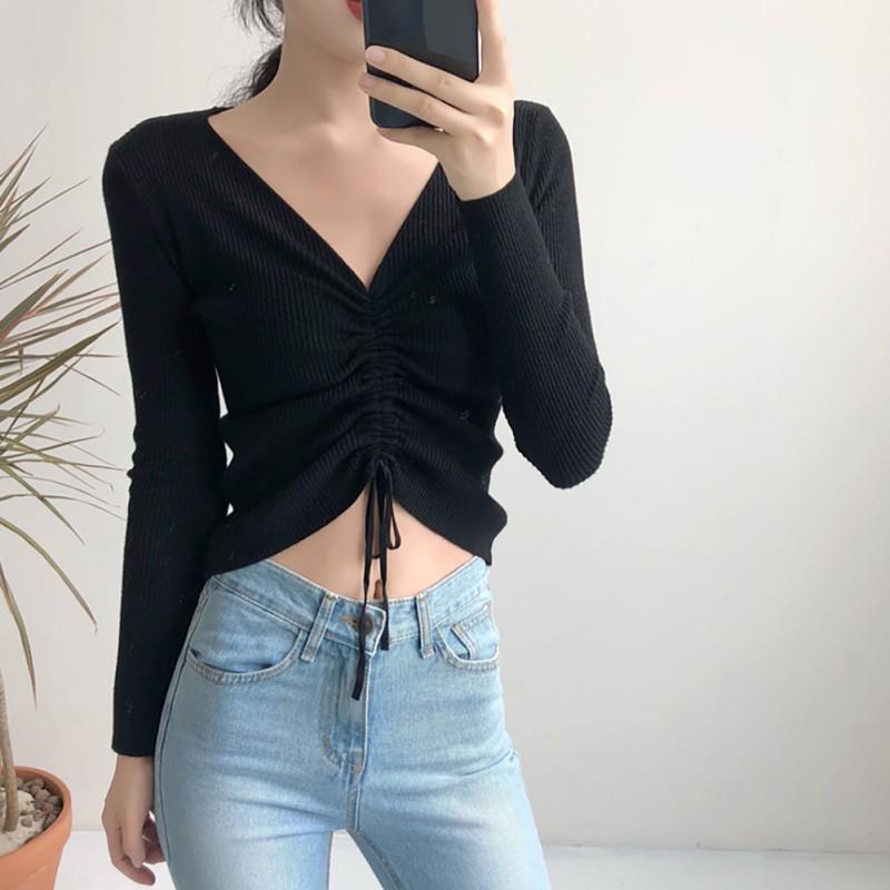 Áo Len Tay Dài Cổ Chữ V Dây Rút