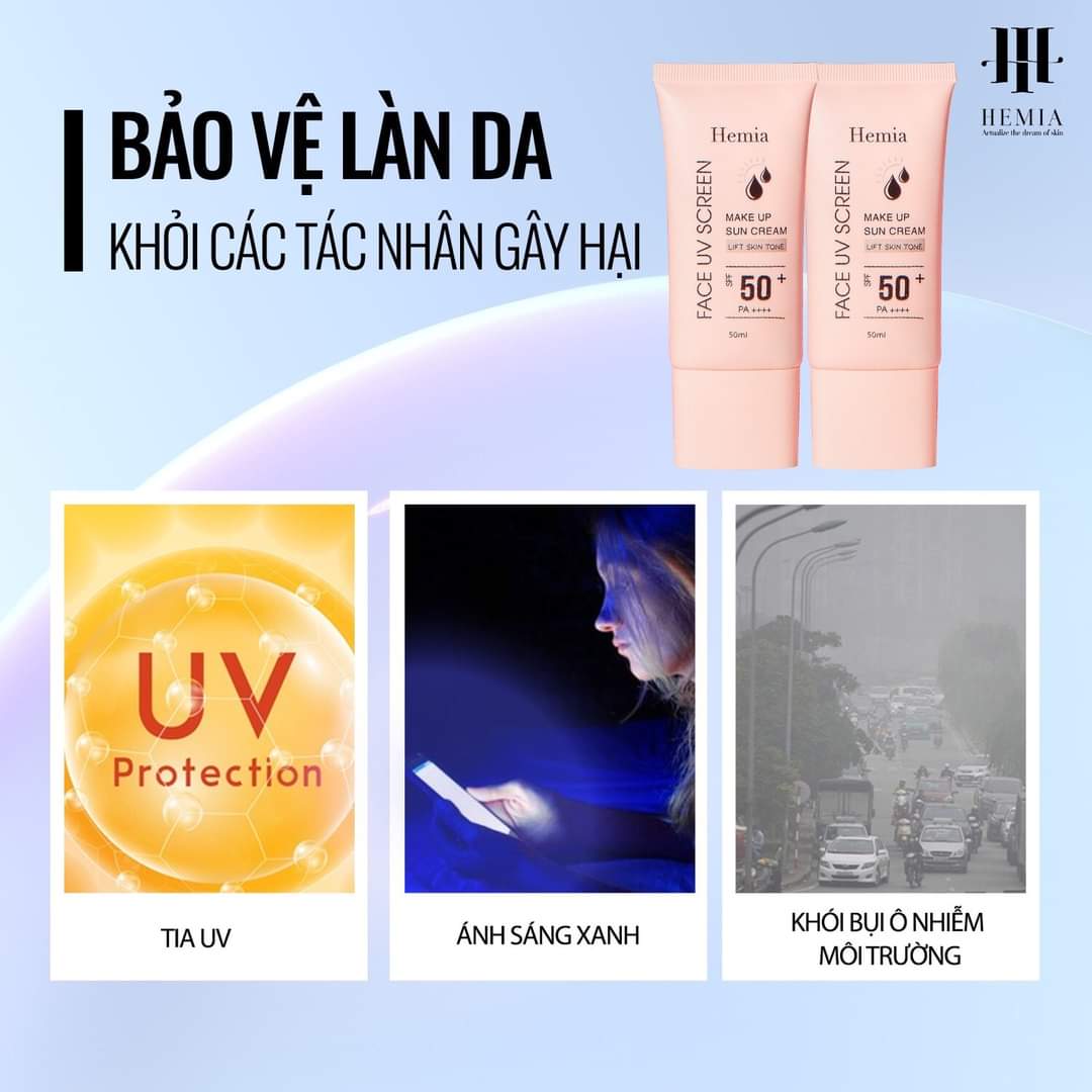 Kem chống nắng HEMIA dưỡng trắng nâng tone SPF50+, chiết xuất 100% tự nhiên, Makeup Da Không Nhờn, Không Bết Dính