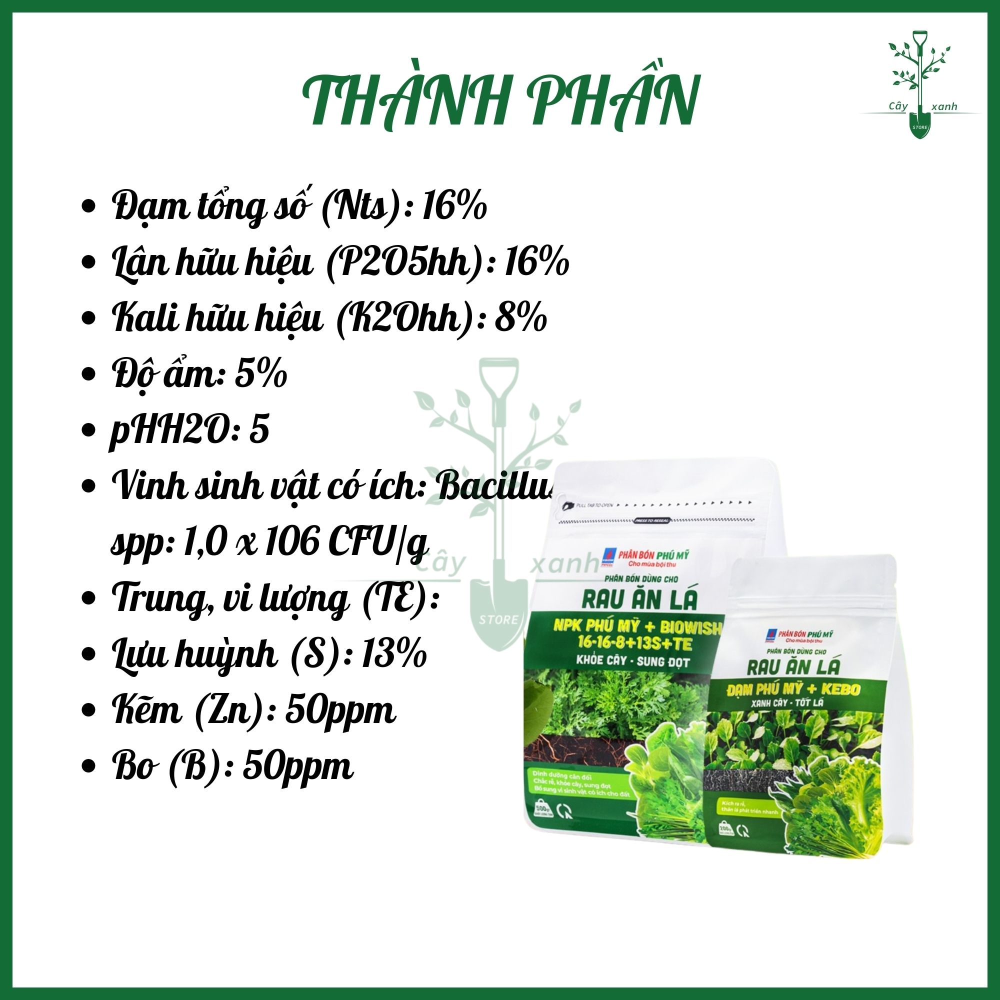 Phân bón Đạm Phú Mỹ cho rau ăn lá BiOWiSH 16-16-8+13S+TE gói 500g - Cung cấp vi sinh - Cây Xanh Store