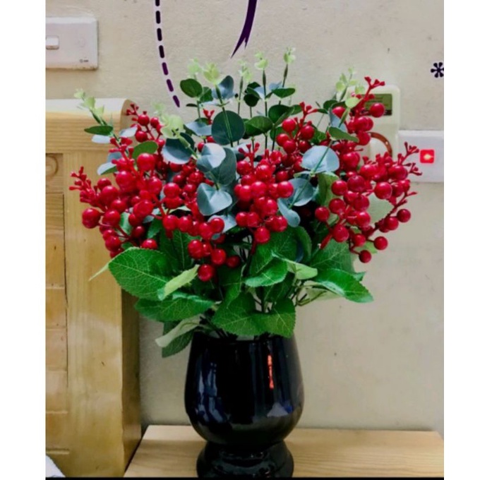 Hoa giả - Cụm quả cherry 7 nhánh trang trí nhà cửa