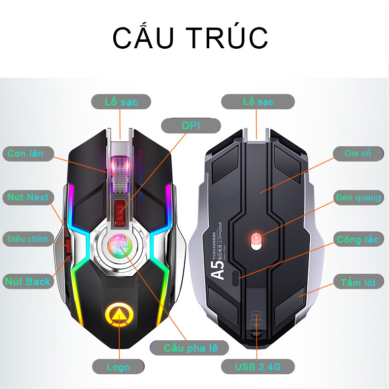 Chuột không dây gaming wireless SIDOTECH S5A chuyên cho game thủ Esport pin trâu LED RGB sạc pin trực tiếp, có chế độ chuột silent, điều chỉnh DPI siêu nhạy cho máy tính laptop - Hàng Chính Hãng