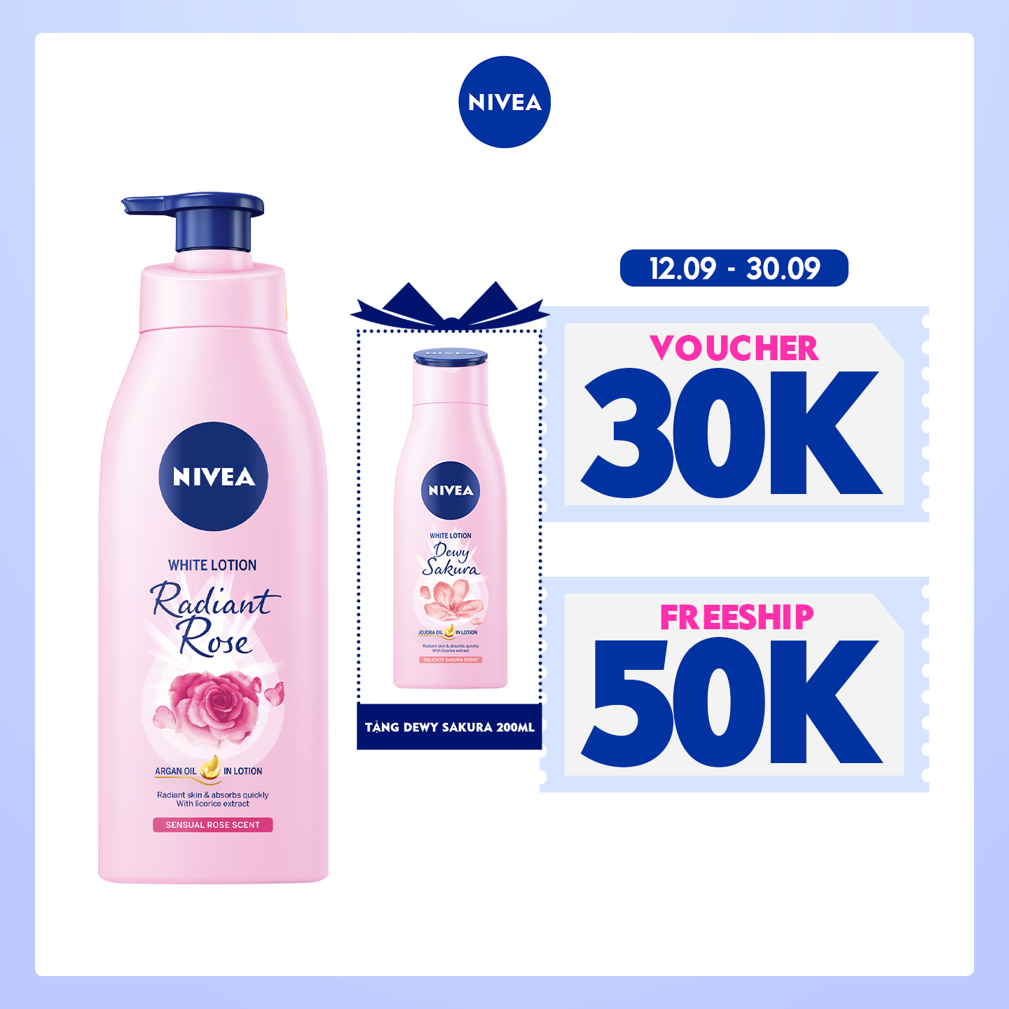 [Mua 1 tặng 1] Tặng Dewy Sakura 200ml - Sữa Dưỡng Thể Dưỡng Trắng NIVEA Hương Hoa Hồng Radiant Rose (350ml) - 85707