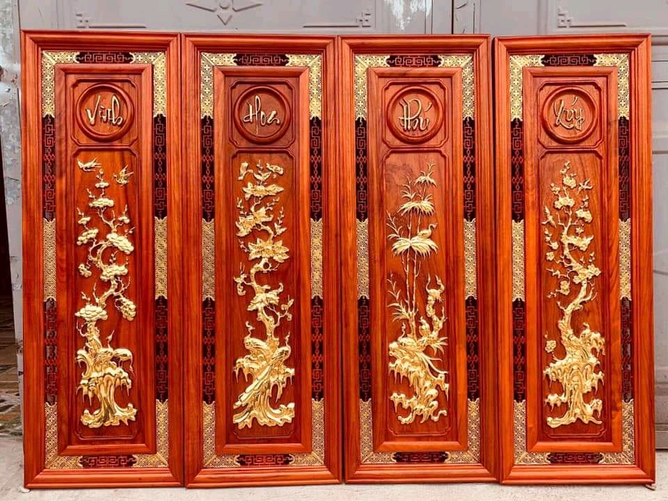 Tranh tứ quý bốn mùa xuân ,hạ, thu , đông bằng gỗ hương đỏ kt 37×107×3cm