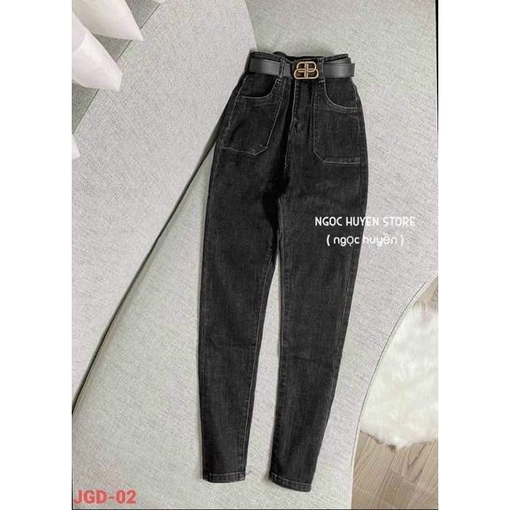 Quần jeans nữ túi đắp vuông xám đen xước - Quần skinny jeans lưng cao quảng châu