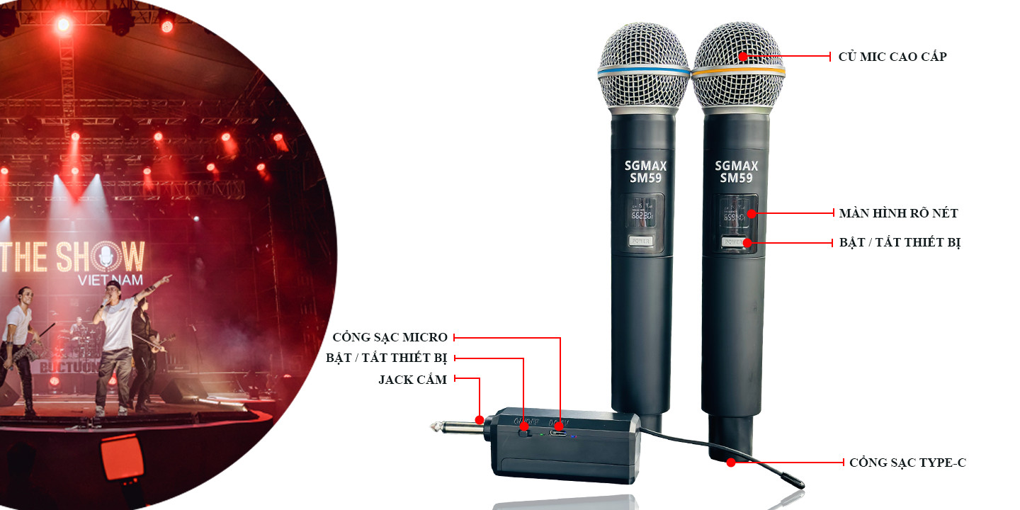 SGMax SM59- Micro Karaoke Không Dây Chính Hãng Chống Hù Rè Tốt Hỗ Trợ Nâng Giọng Hát Khi Hát Sạc Pin Trực Tiếp Trên Micro Bắt Sóng Xa Đến 15m hàng chính hãng