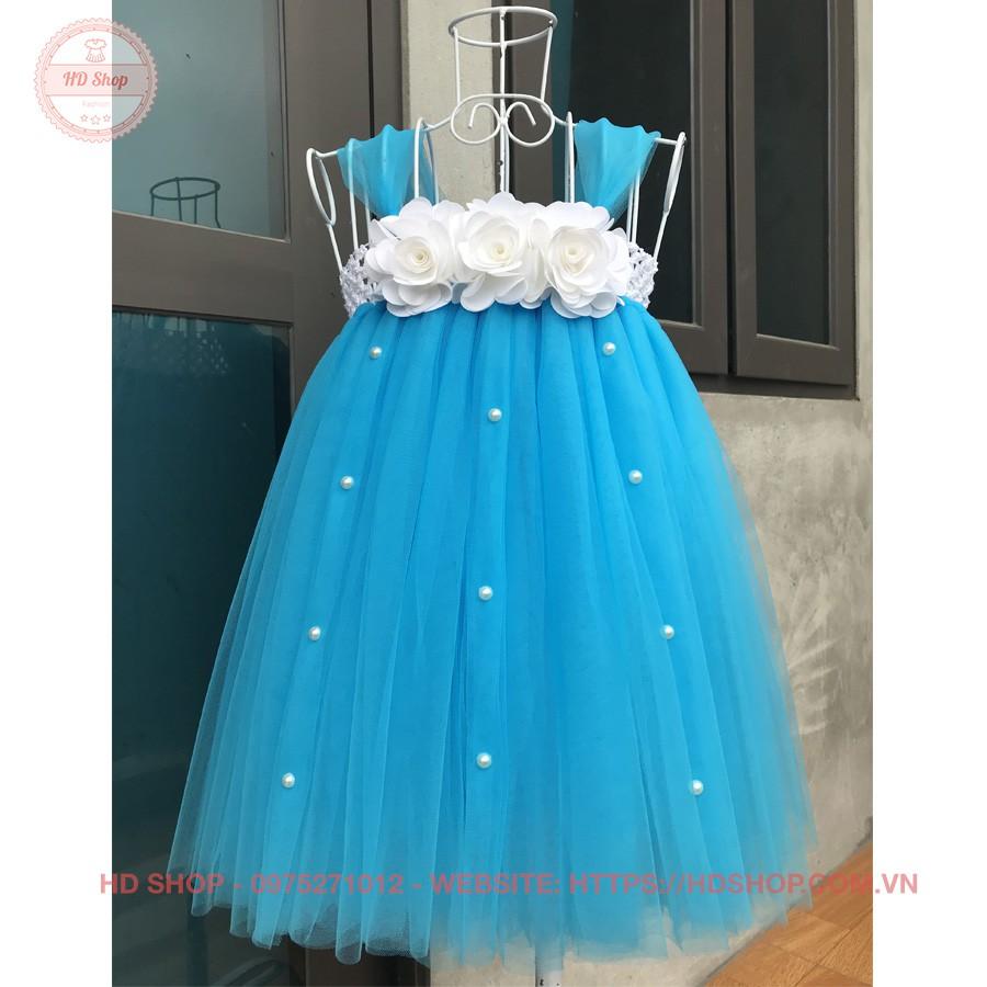 Đầm công chúa ️Đầm công chúa cho bé xanh biển hoa hồng trắng đính đá