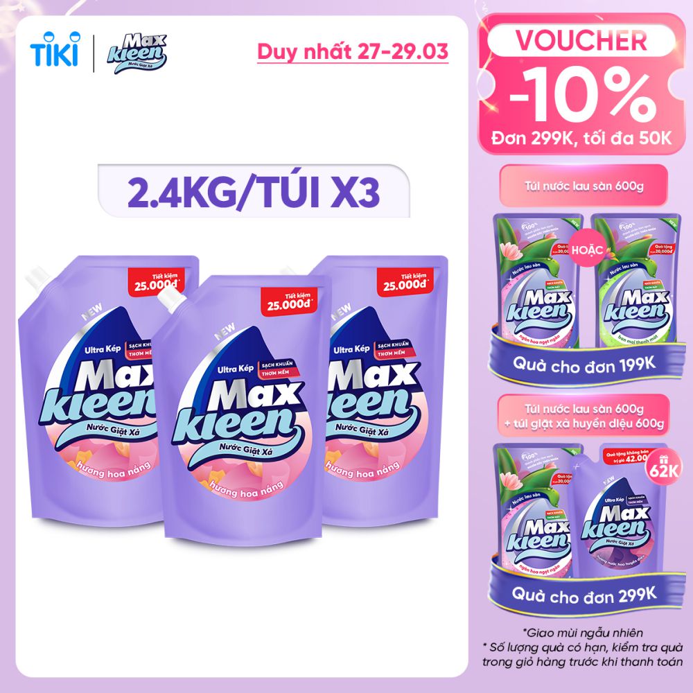 Combo 3 Túi Nước Giặt Xả Maxkleen Hương Hoa Nắng (2.4kg/túi)