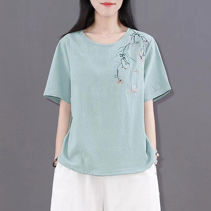 Áo trung niên nữ cộc tay in hoa, Áo đủ size chất vải mát mịn Đũi Việt A18