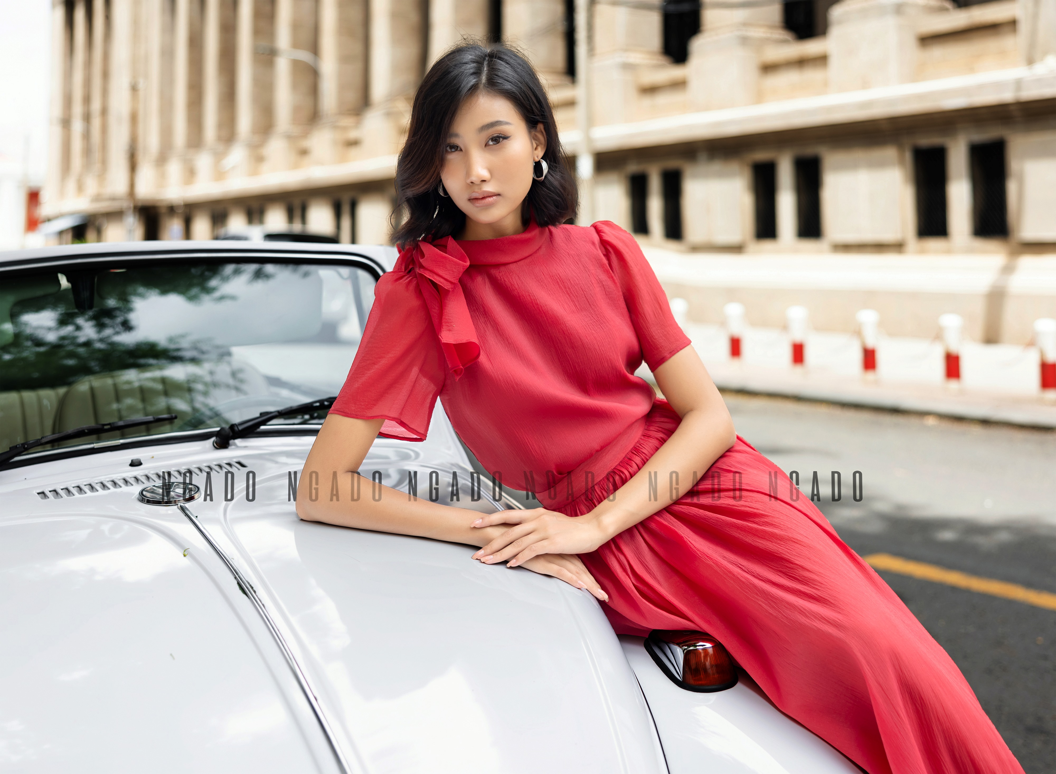 Set áo váy đỏ cột nơ NGADO, Set đồ nữ , Set áo kèm chân váy xòe , Set áo váy thiết kế