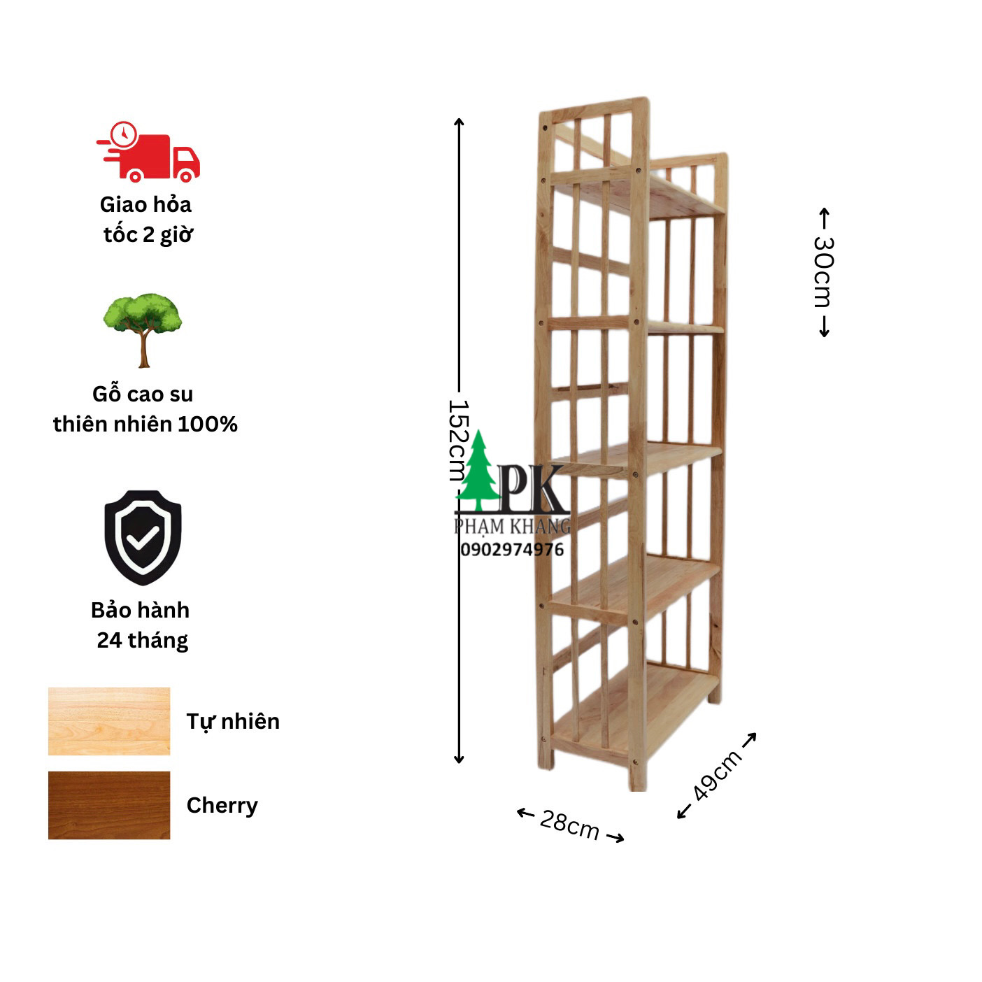 Kệ sách gỗ Phạm Khang 5 tầng rộng 50cm màu tự nhiên