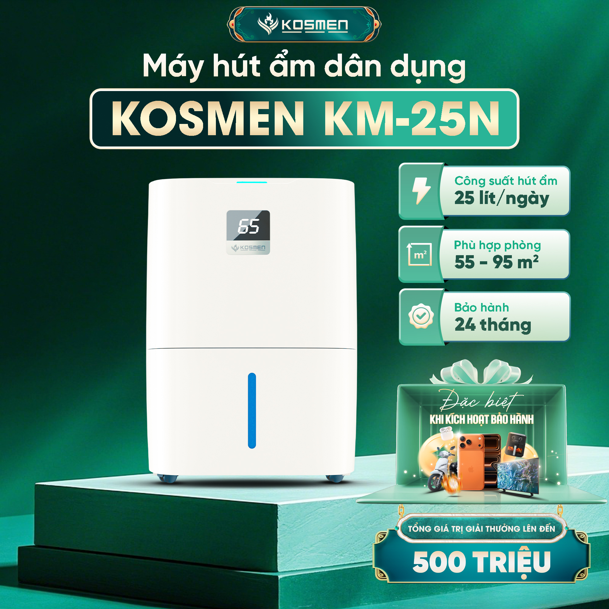 Máy Hút Ẩm Kosmen KM-25N,Phù Hợp Diện Tích 55 - 95 m2, Lọc Không Khí Chuyên Sâu - Hàng Chính Hãng, Bảo Hành 24 Tháng