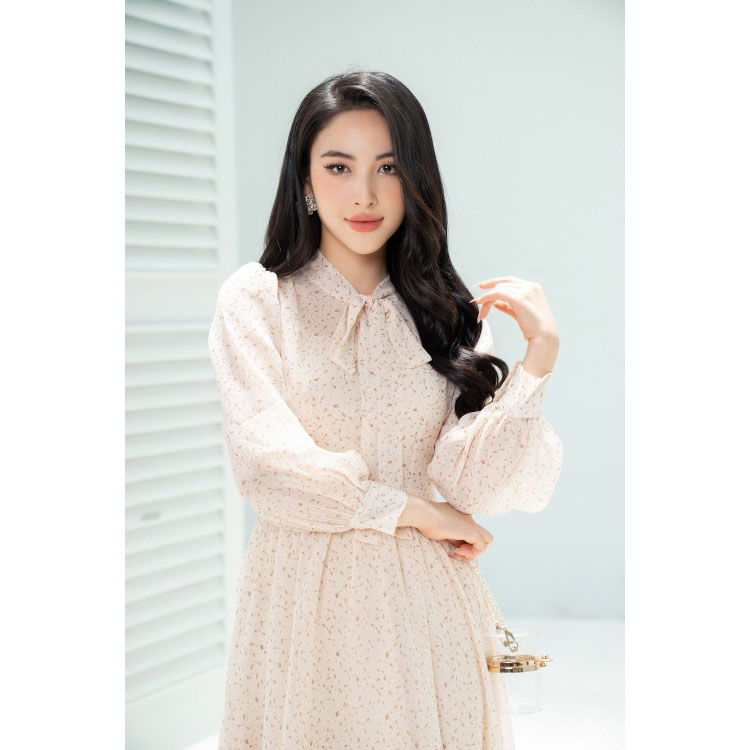Đầm voan hoa nhí thắt nơ tay bồng thời trang SIXDO