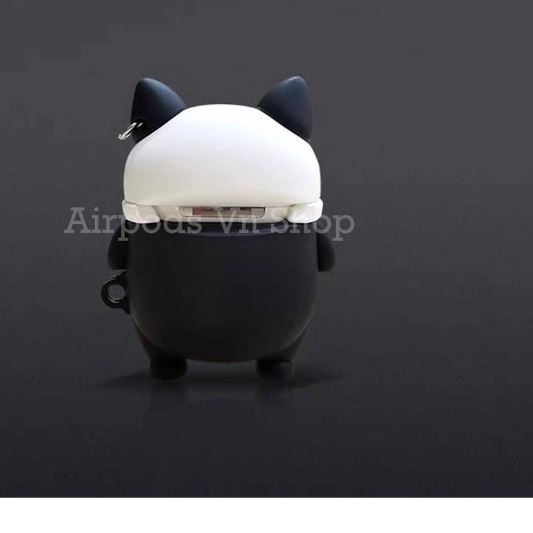 Bao Case Ốp dành cho Airpods 1/2, i11, i12 bulldog đen đeo khuyên tai siêu ngầu silicon cao cấp