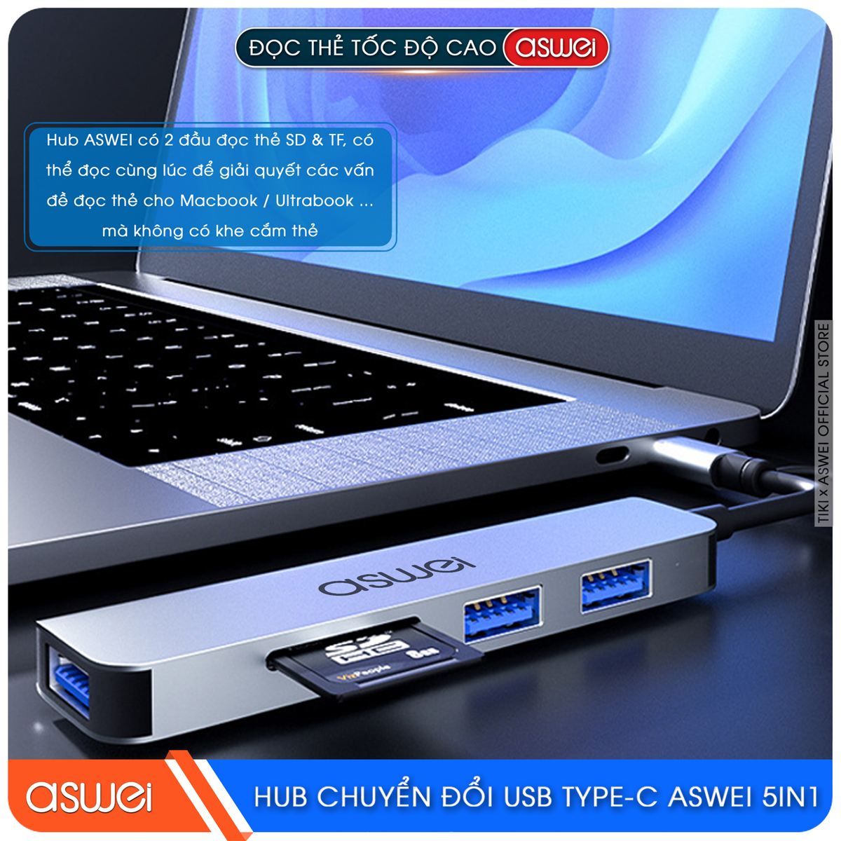 Hub Chuyển Đổi USB Type C ASWEI 5 in 1 - USB 3.0, SD, TF Tốc Độ Cao - Hàng Chính Hãng