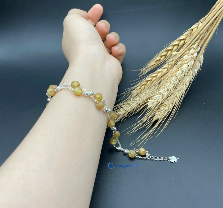 Lắc tay Thạch Anh Tóc Vàng Vip 7mm mix charm bạc 925 chuẩn