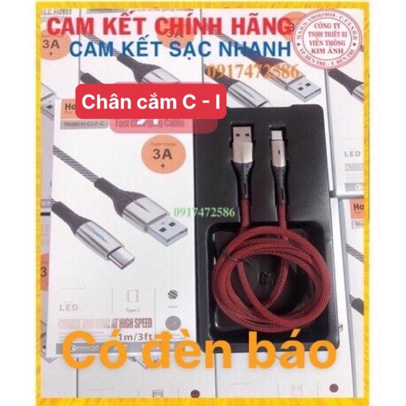 Dây sạc nhanh Hiệu Ham H-C12-C dòng điện 3A Chân cắm TypeC và I , Có đèn báo, Hàng Chính Hãng