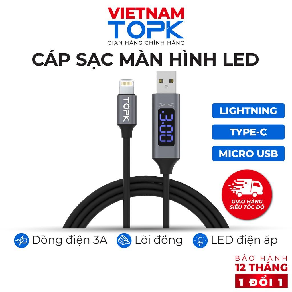 Dây sạc iPhone Type-C Micro USB TOPK AC32 Dòng điện 3A Màn hình LED hiển thị điện áp - Hàng chính hãng