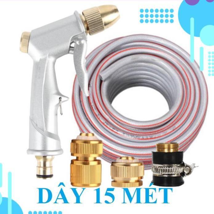 Bộ dây vòi xịt nước rửa xe, tưới cây . tăng áp 3 lần, loại 15m 206701 đầu đồng,cút đồng