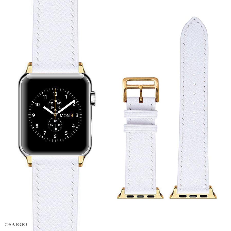 Dây Đồng Hồ Apple Watch 41mm 40mm 38mm, Chất Liệu Da Bê EPSOM Thảo Mộc Cao Cấp, Nhập Khẩu Từ Châu Âu, Dây Đeo Phong Cách Hiện Đại và Sang Trọng, Tương Thích Các Phiên Bản Series 8/7/6/5/4/3/2/1/SE/SE2 - Trắng - ADAPTER ĐEN