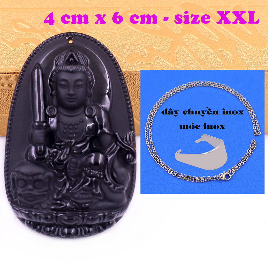 Mặt Phật Văn thù đá thạch anh đen 6 cm kèm dây chuyền inox - mặt dây chuyền size lớn - XXL, Mặt Phật bản mệnh