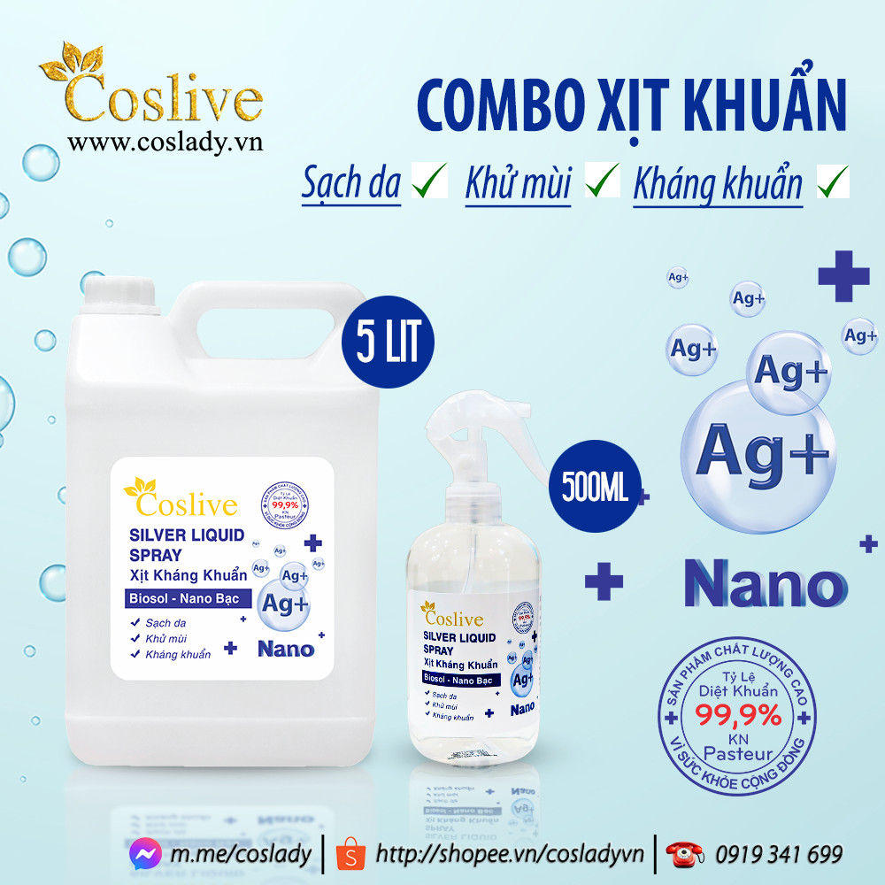 XỊT KHÁNG KHUẨN NANO BẠC CAN 5L TẶNG KÈM CHAI XỊT KHÁNG KHUẨN NANO BẠC 500ML COSLIVE