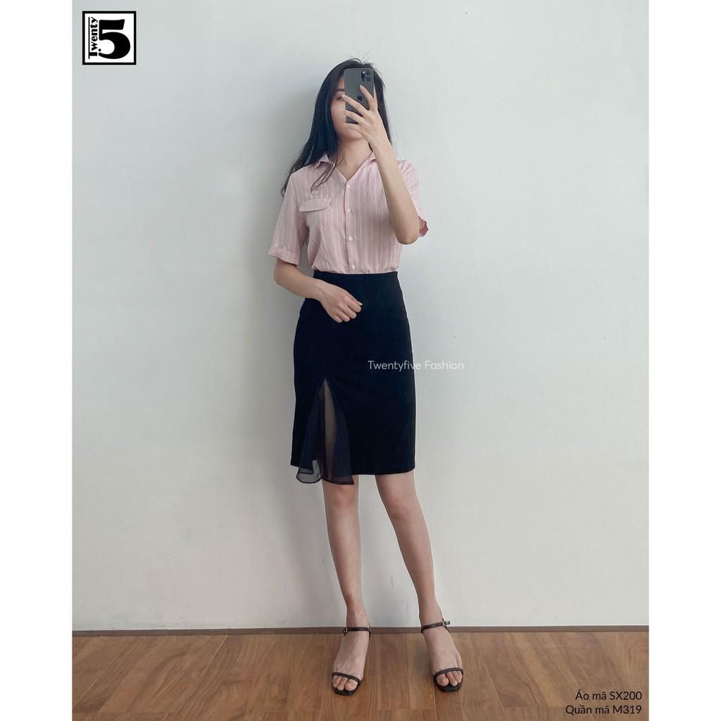Áo sơ mi nữ cổ V đức kẻ sọc Twentyfive Sx200