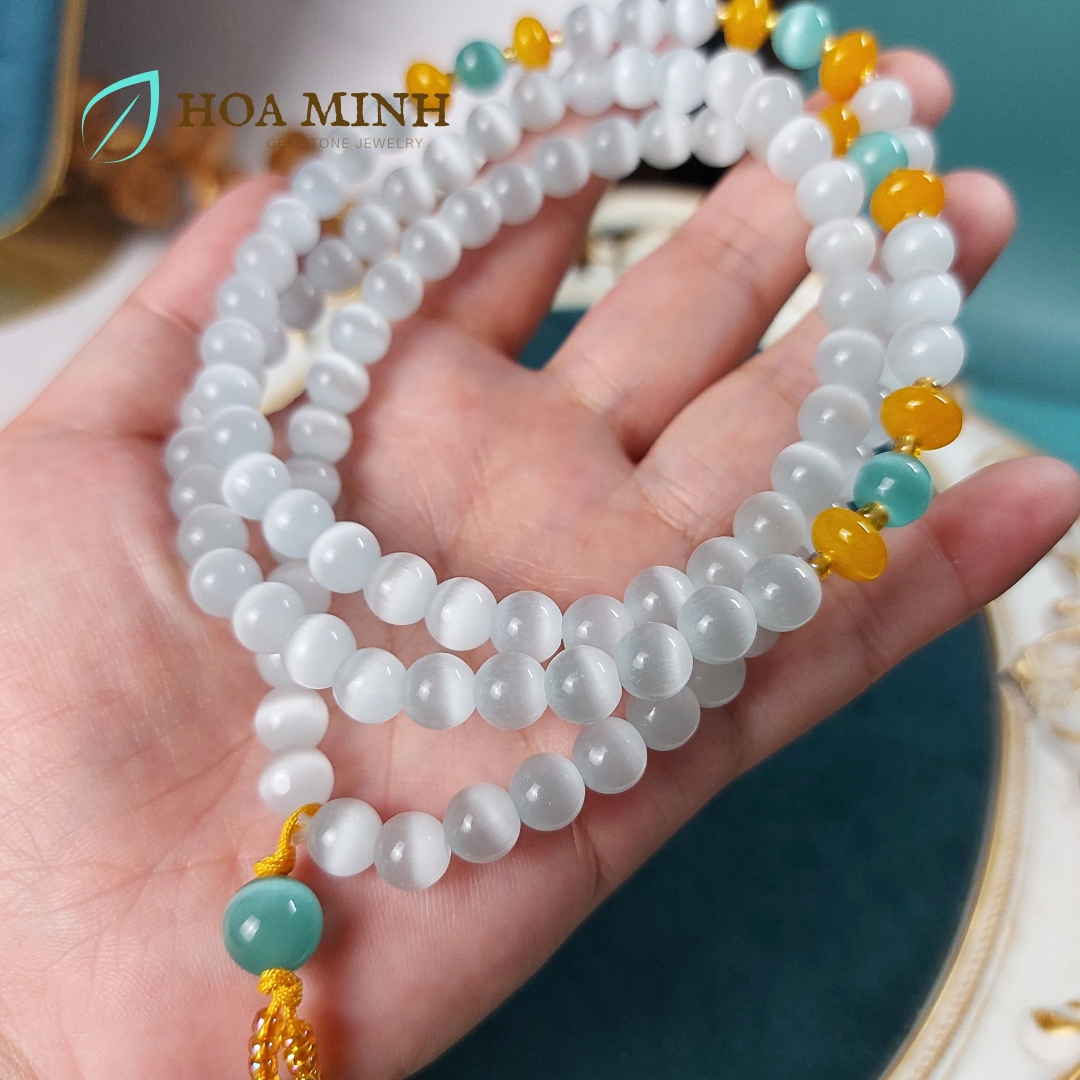 Vòng tay đá Mắt Mèo trắng size hạt 8 li chuỗi 108 hạt phối mắt mèo xanh, hạt bánh xe mã não vàng