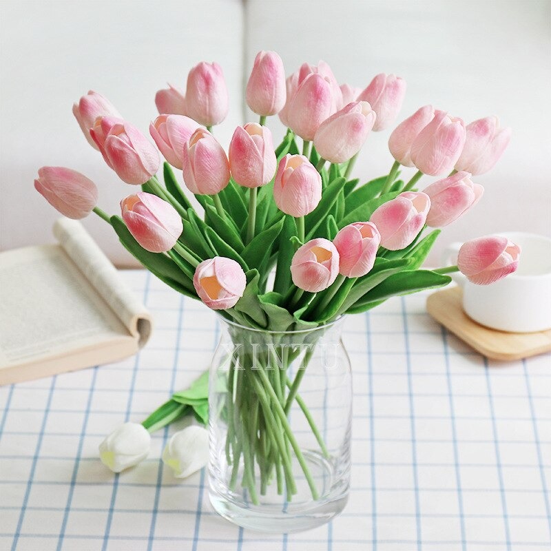 Siêu rẻ - Hoa giả - Hoa tulip giả lá thẳng bằng nhựa PU cao su cao cấp như thật - Trang trí nội thất, phòng, văn phòng