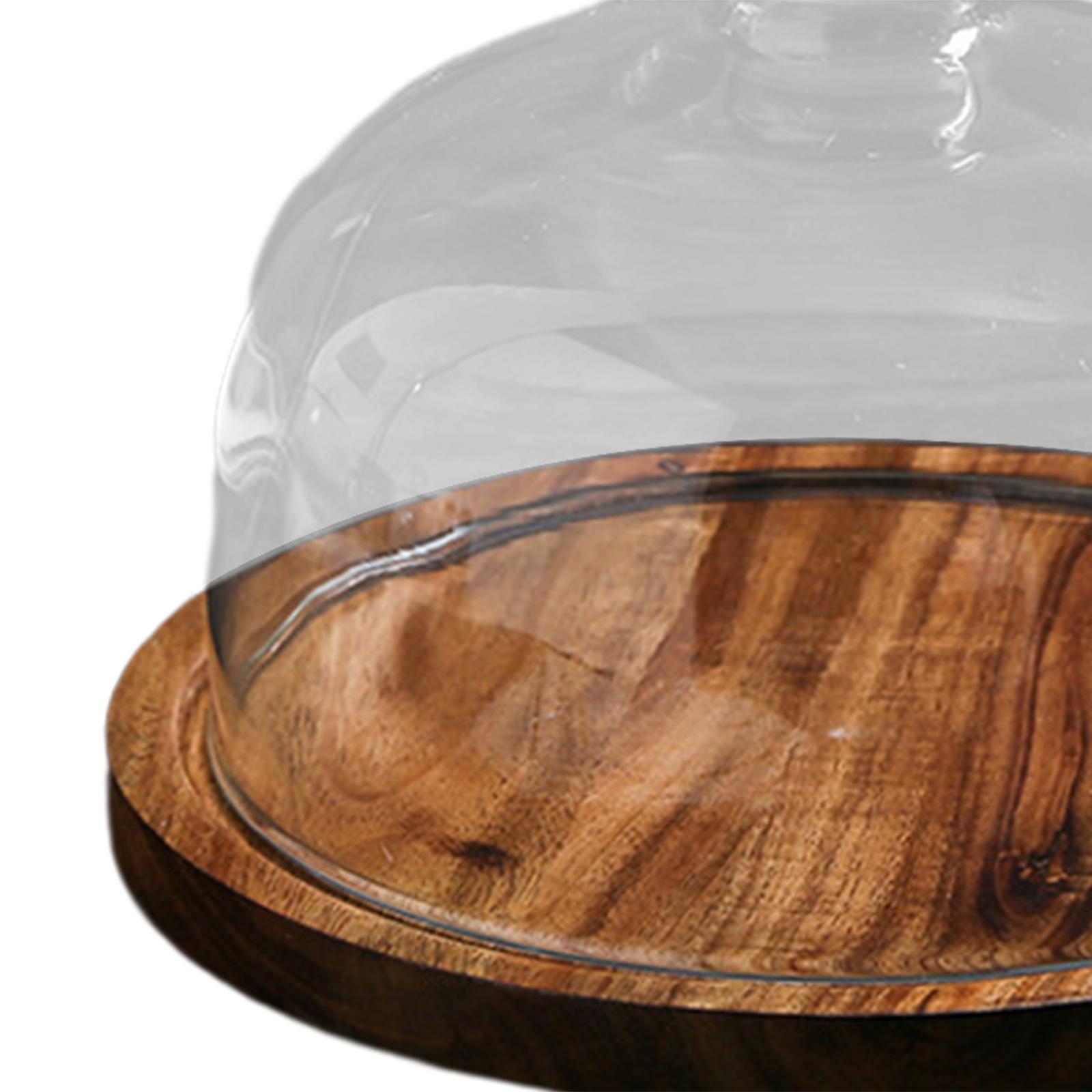 Glass Cover Serving Tray with Glass Cover Wooden Cake Stand for Kitchen