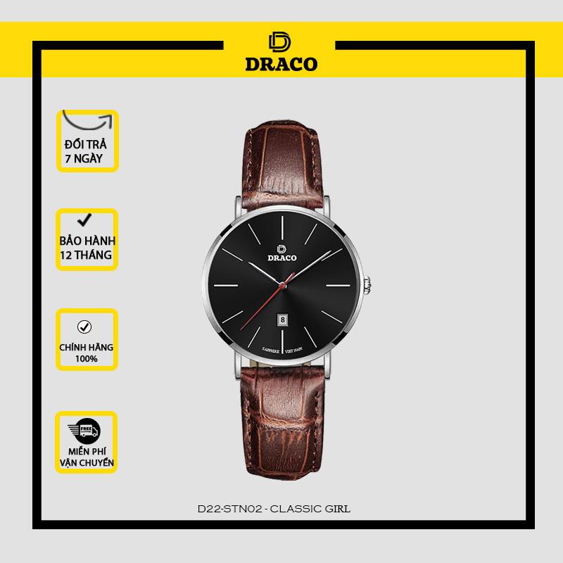 Đồng Hồ Nữ DRACO Sang Trọng D22-STN02 “Classic Girl” Đen Da Nâu