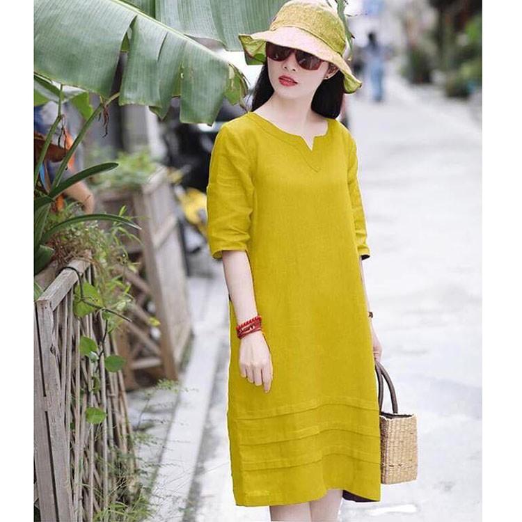Đầm suông linen tay lỡ cổ phát V, chất vải linen tự nhiên mềm mát, thời trang xuân hè 2021