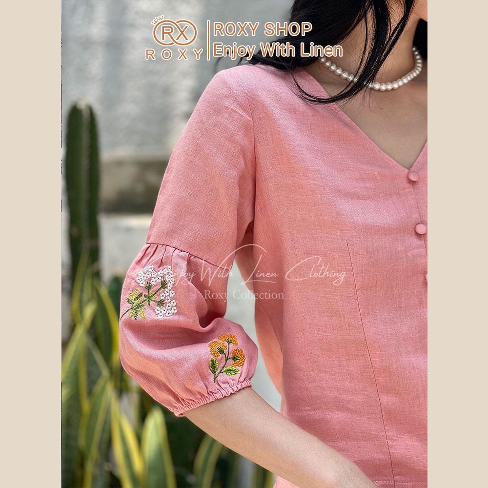 Set Bộ Đồ Nữ Linen Quần Đùi Áo Cổ Tim Tay Dài Thêu Hoa