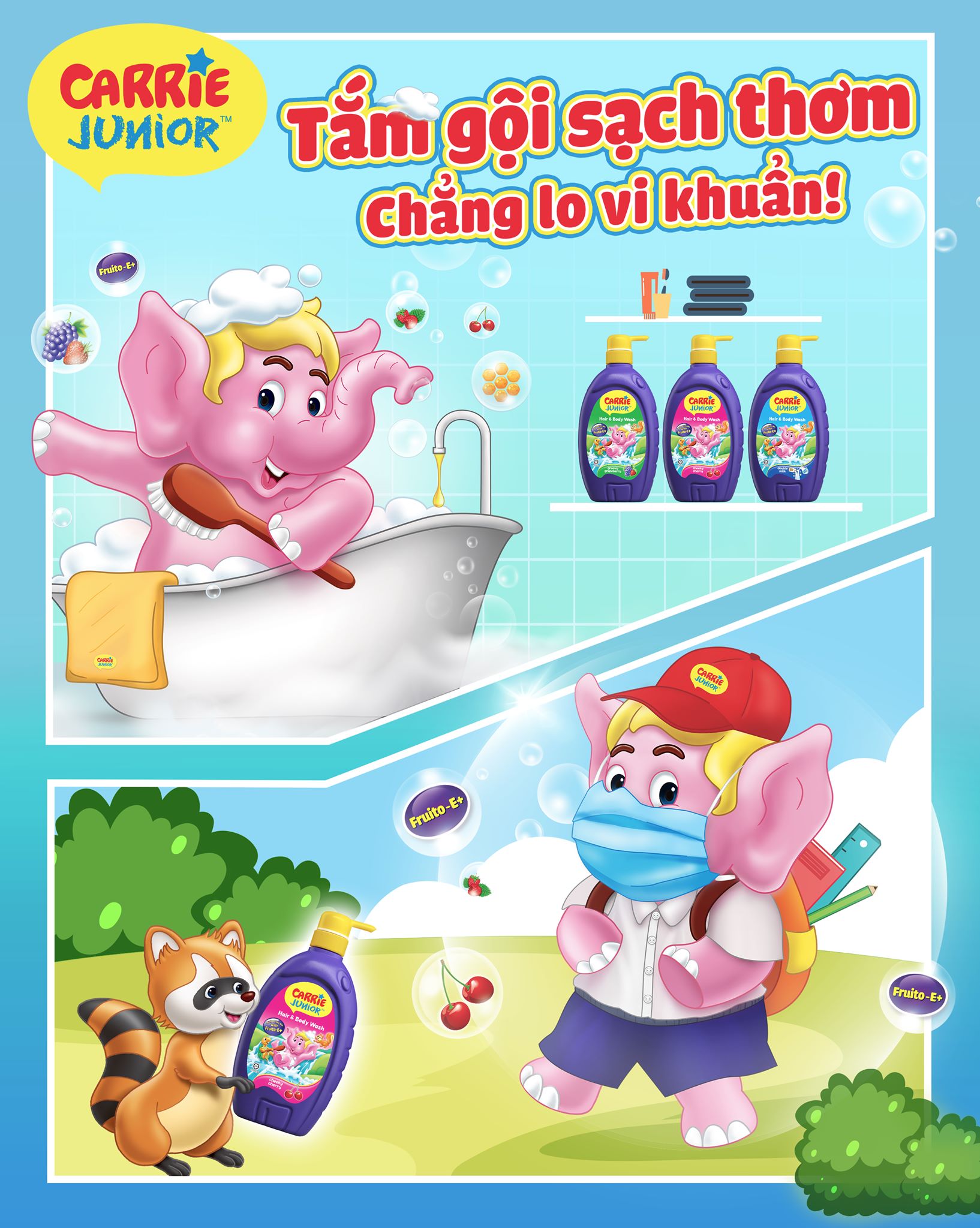 Sữa Tắm Gội cho bé Carrie Junior hương Cherry 700g + Túi Đeo Voi bông (màu ngẫu nhiên)