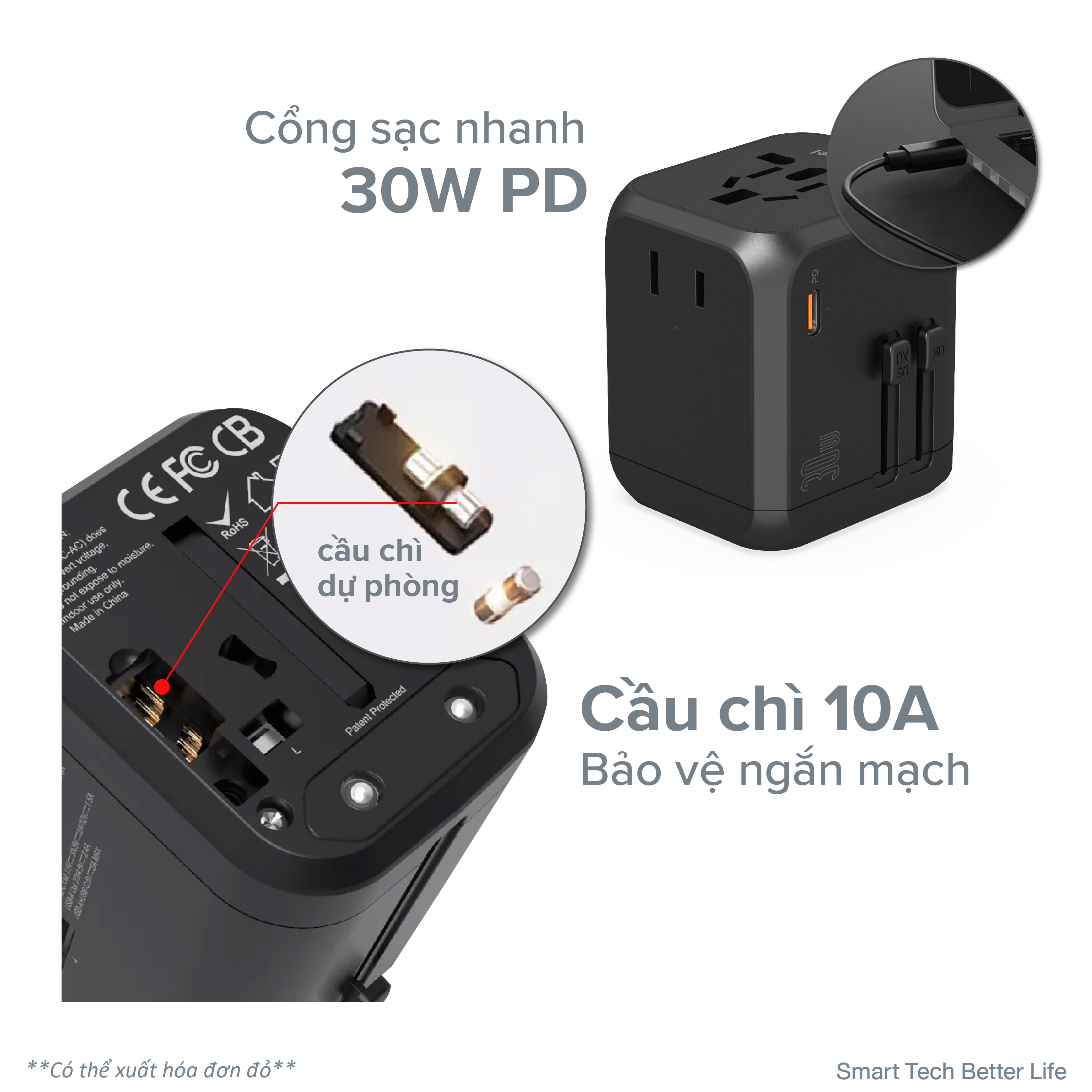 ổ cắm sạc du lịch đa năng 30W toàn cầu cho máy tính và điện thoại, dễ dàng sử dụng với ổ cắm điện đa quốc gia, bảo vệ thiết bị khỏi quá tải và quá nhiệt -Vayo Smart Univeral Adapter