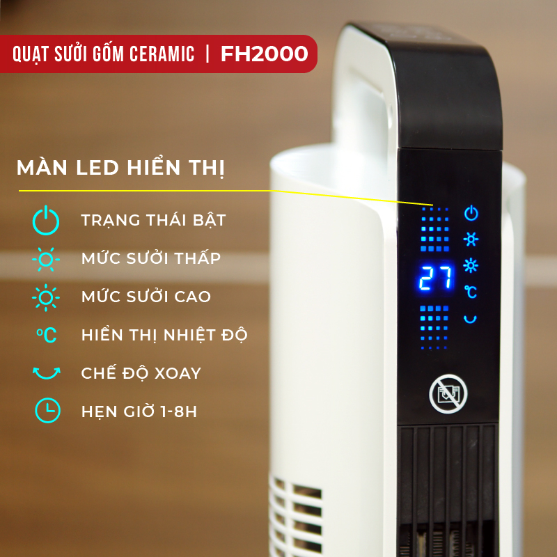 Máy sưởi gốm không khô da nhập khẩu FUJIHOME FH2000 điều khiển từ xa, quạt sưởi ấm có hẹn giờ, tự động ngắt ,không phát sáng, không đốt oxi- Hàng nhập khẩu