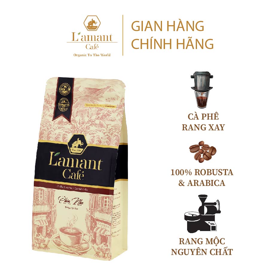 Cà phê rang xay L'amant Phin Nhẹ - Cà phê bột pha phin vị nguyên chất, nhẹ nhàng túi 500gr