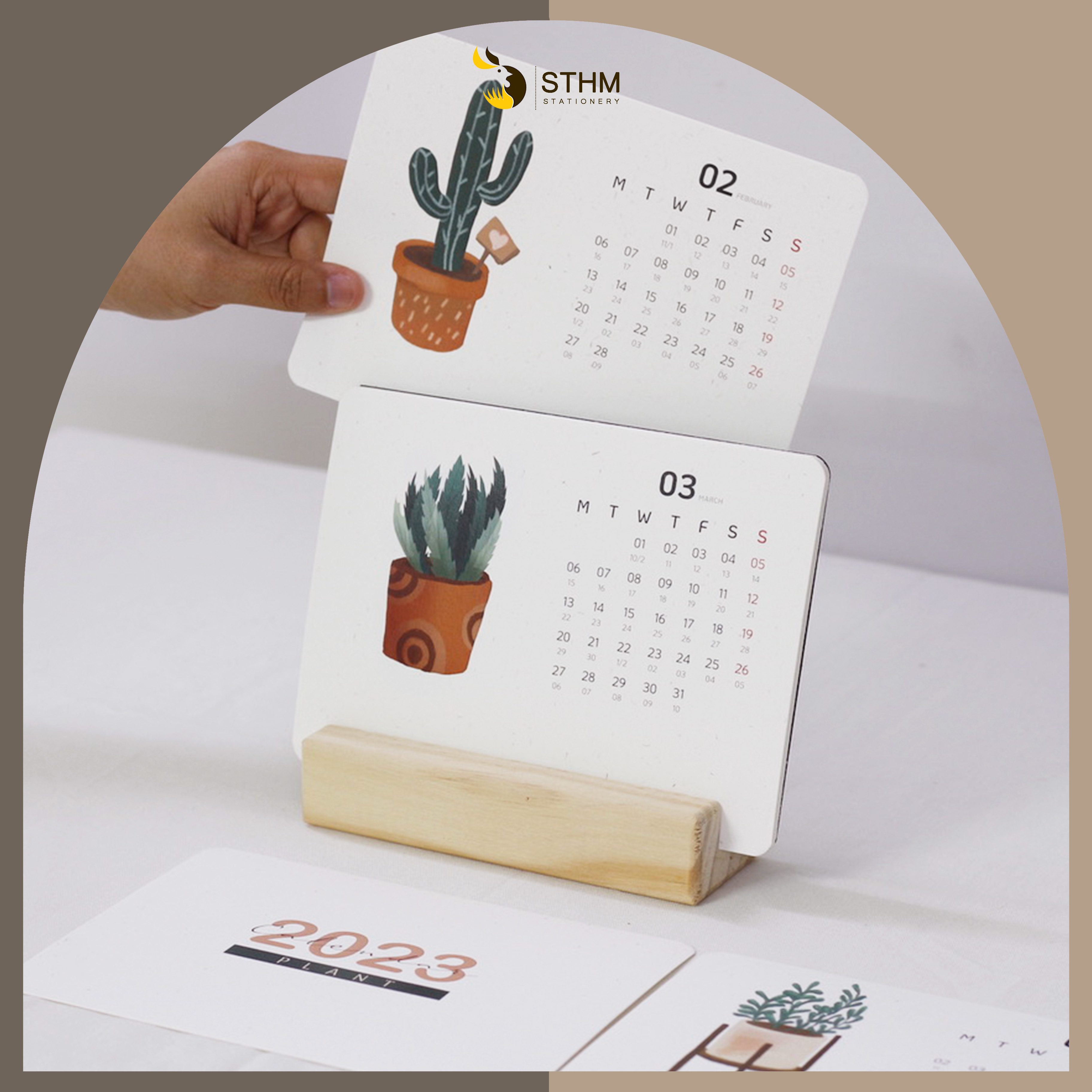 Lịch bàn đế gỗ 2023 - Plant - Tặng 12 sticker - Giấy mỹ thuật 220gsm - Có lịch âm dương - STHM stationery